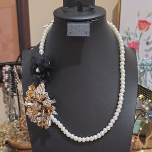 Pearl Necklace with Black and Gold Floral Accents